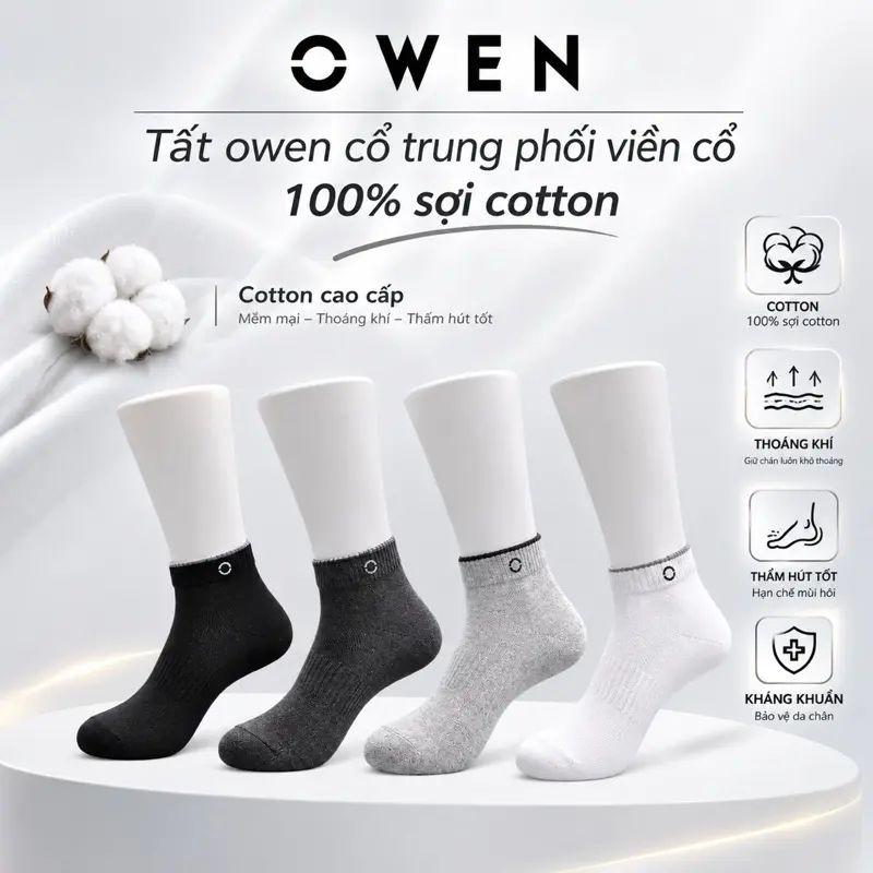 Tất OWEN nam nữ công nghệ dệt air micro kháng khuẩn khử mùi êm ái cotton 100% cao cấp thoáng khí co giãn 2026 basic phù hợp văn phòng và thể thao