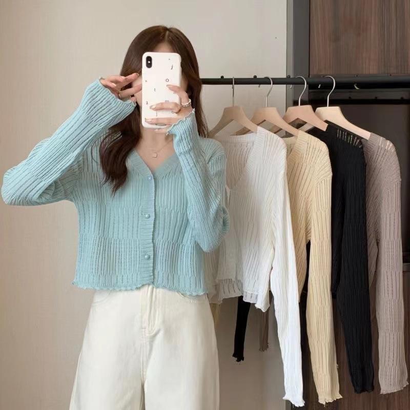 Áo Cardigan Dệt Kim Cổ Chữ V Cho Tất Cả Các Mùa, Dáng Ôm Mới Cho Nữ, Giúp Bạn Trông Cao Hơn, Ngắn Tay, Áo Khoác Nhỏ, Áo Màu Trơn Đen Bò Top Women