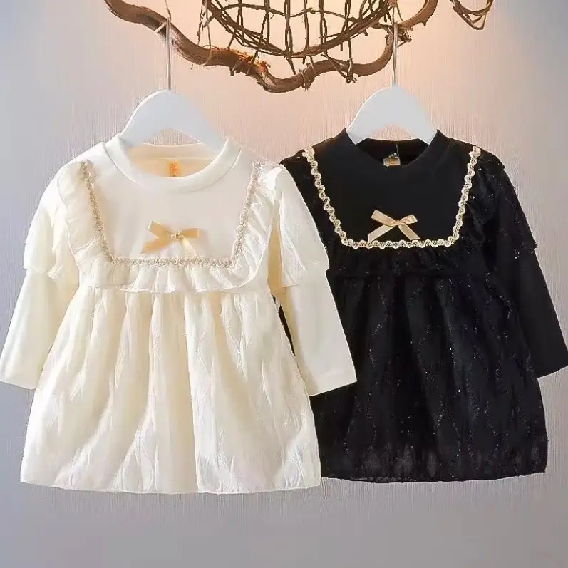 Gaun Pesta Anak Perempuan Elegant Tangan Panjang dengan Aksesoris Pita dan Glitter untuk Usia 1-5 Tahun - Fashion 0
