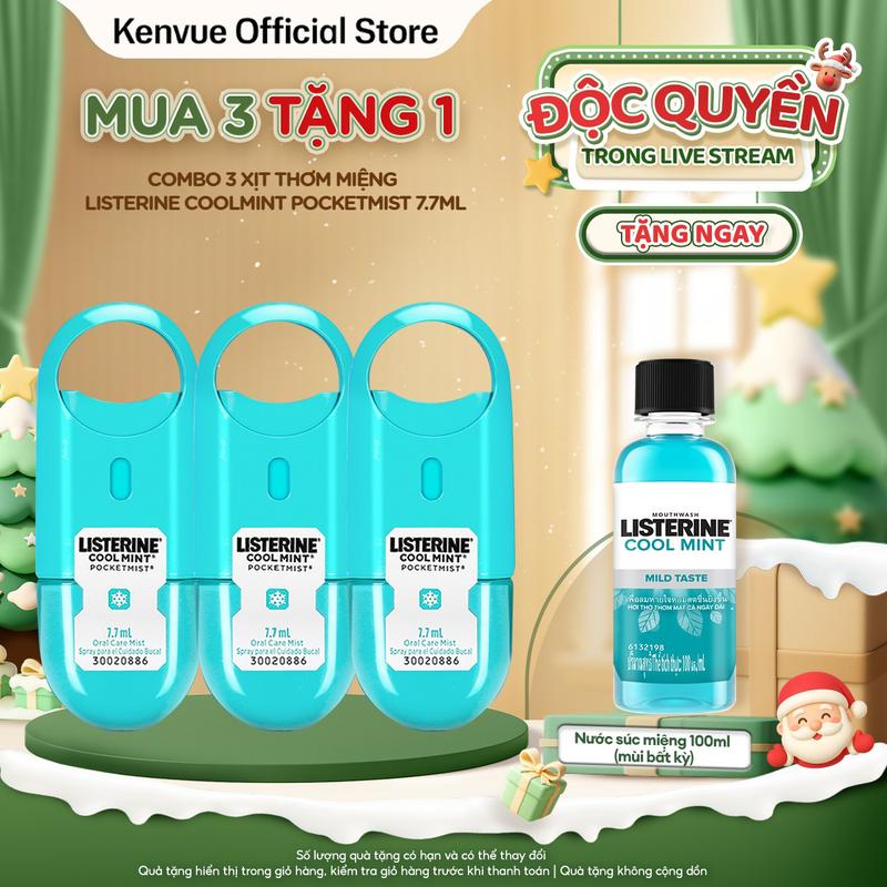 Combo 3 Xịt Thơm Miệng Listerine Coolmint Pocketmist 7.7ml