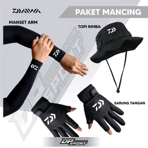 paket hemat 3in 1 lengkap isi sarung tangan bolong 2jari deker tangan dan topi rimba bisa di buat mancing