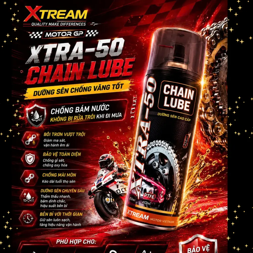 chai Dưỡng sên chống văng tốt, chai xịt dưỡng sên xe máy  , bôi trơn sên XTRA50 450ML , êm sên , ít bám bụi đất , ít văng .
