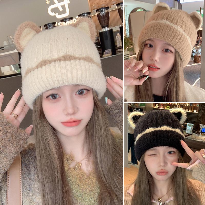 Mũ Nữ Tai Mèo Thiết Kế Dễ Thương Chất Liệu Len Mềm Mại Và Dệt Kim Mũ Bịt Tai Cho Bé Gái Mũ Mùa Đông Dày Và Ấm Áp Thích Hợp Cho Nữ Lý Tưởng Cho Trượt Tuyết Và Đi Xe Đạp.