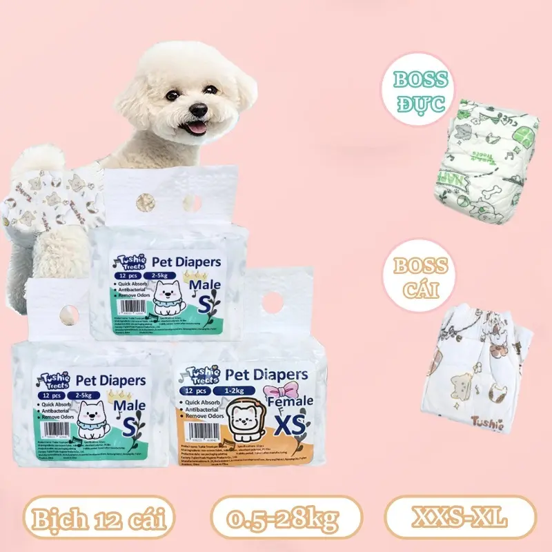 Tã bỉm thú cưng cao cấp, bịch 12 miếng đủ size từ XXS-XL tương đương 0.5-50kg