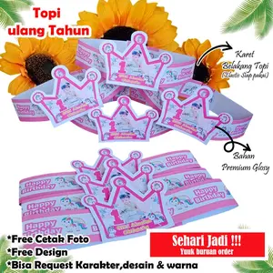 Topi ulang tahun  isi 10 pcs Rp.1800/ pcs + Desain foto anak REQUEST VIA CHAT TOKO (bahan paper glossy mengkilap)Topi pesta/Topi ulang tahun anak/Topi ultah custom/Topi ultah karakter