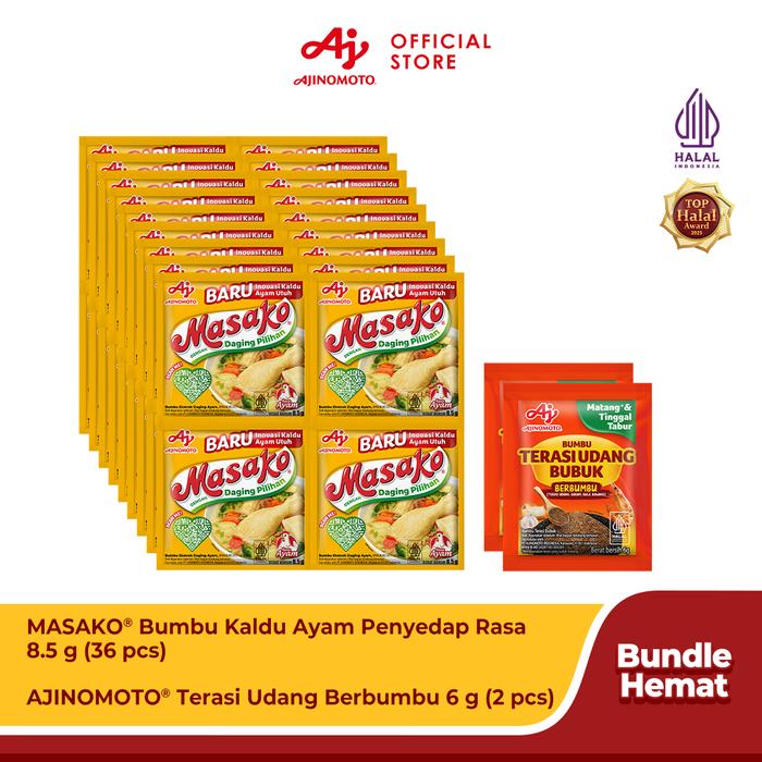 Gambar MASAKO Bumbu Kaldu Ayam Penyedap Rasa 8.5G (36pcs) - Dibuat Dengan Daging Ayam Asli Dan Rempah Pilihan & Terasi Udang Berbumbu 6G (2pcs) - Sudah Matang Tinggal Tabur dari Ajinomoto Official Store Kota Depok Tokopedia