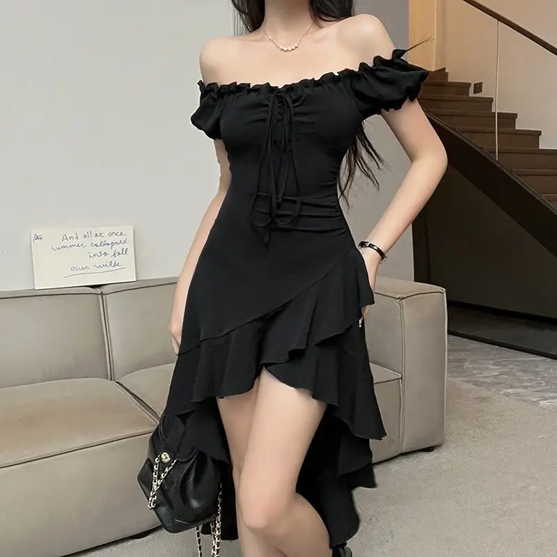 Casual plain lettuce trim asymmetrical split front dress for women lne21271 (black) front split dress asymmetrical crop lettuce plain casual for women
