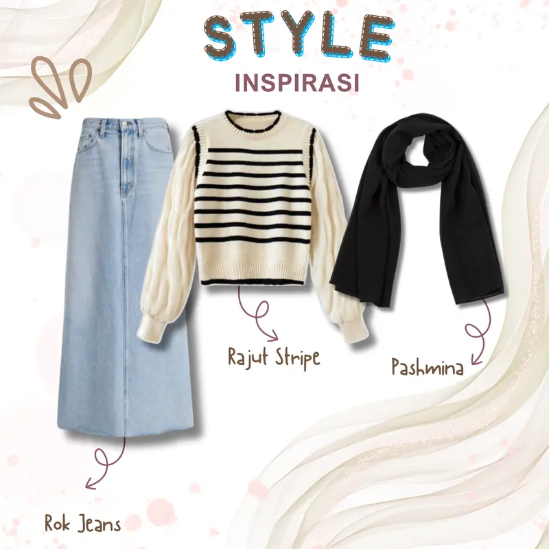 One Set 3 in 1 Rok Jeans + Rajut Stripe + Pashmina Outfit Casual Ootd Jalan Korean Style BC38 1