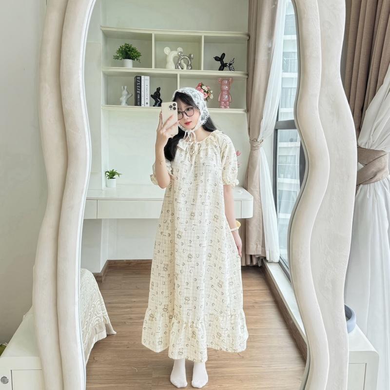 Váy Ngủ Gấu Nâu Chất Vải Đũi Mềm NT8, Dáng Suông Rộng, mặc ở nhà hoặc đi chơi - Đồ ngủ Nana