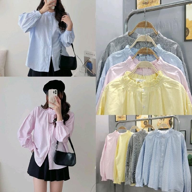 Áo sơ mi kẻ sọc cổ trụ viền bèo tay bo chun dáng babydoll Women - Sò - Top