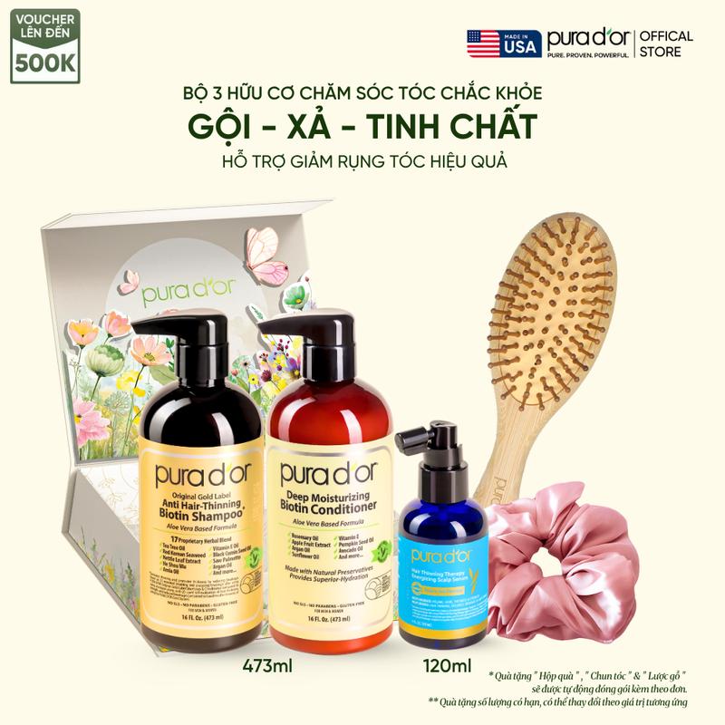   Hộp quà 20.11  Combo 3 Bước Dầu Gội Dầu Xả Giảm Rụng Tóc Organic Pura D'or Biotin Gold Label 236ML 473ML | Chăm Sóc Tóc Chăm Sóc Da Đầu Dưỡng Tóc Hỗ Trợ Mọc Tóc - Mega Livestream 