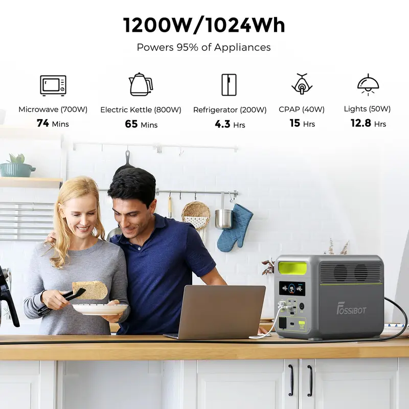 FOSSiBOT F1200 Portable Power Station with 1024Wh LiFePO4, 3 x 240V AC Outputs 1200W (2400W Peak), 1.5H full charge, UPS, 100W USB-C Output, Solar Generator for RV/Camping/Home 6