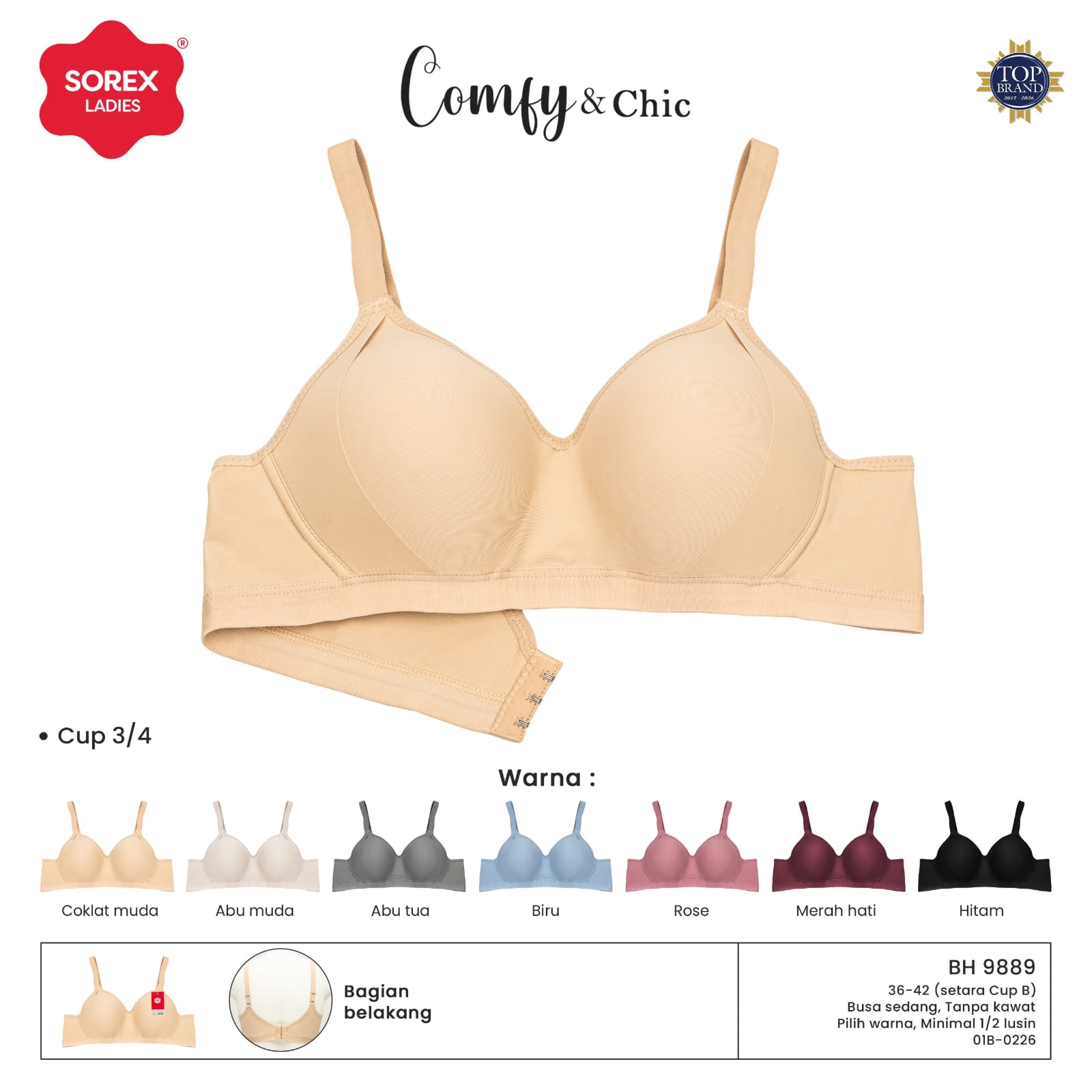 Sorex 9889 Comfy & Chic Daily Bra || isi 1, 2, 3 pcs || Bh Wanita Busa Sedang Cup B 3/4 (Sedang) Tanpa Kawat Kait 3 Adem Halus Lembut Menopang Sempurna