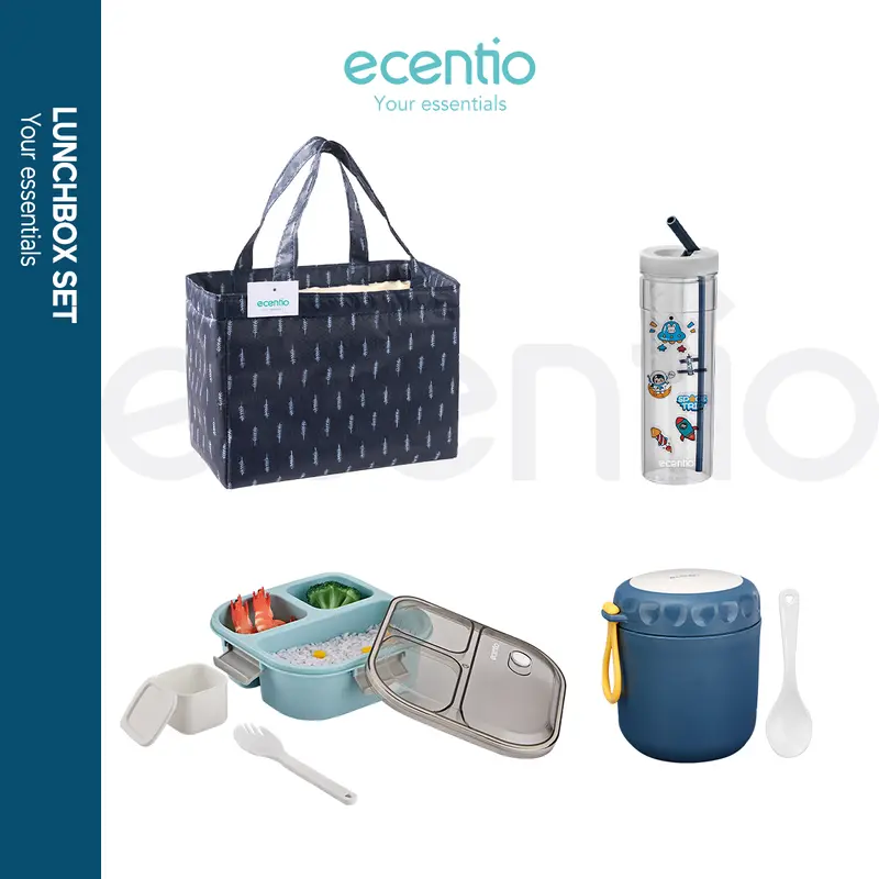 【in stock】【100% Anti tumpah+FREE BPA】【lunch box 1 set】4pcs ecentio lunch box kotak lunch bag botol set  Biru Makan Sendok Wadah Kitchenware 1