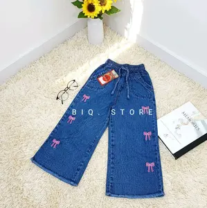 Celana Kulot Jeans Motif Bordir Pita 3-10 Tahun Jeans Fashion Anak Kekinian- Premium Jeans Wash Bordir Bunga Bordir Pita Celana