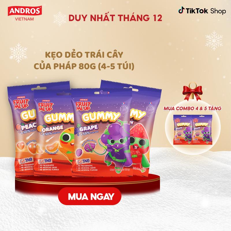  Kẹo Dẻo Trái Cây GUMMY từ Pháp loại 80G  COMBO 5 4 MIX VỊ  - Kẹo Dẻo Trái Cây Vị Chua Ngọt Bổ Sung Vitamin C - ANDROS FRUIT ME UP GUMMY - 80GR X 4 5 - Food Snack & Candy  - Kẹo Dẻo Trái Cây Thức Ăn Vặt Kẹo Tết 