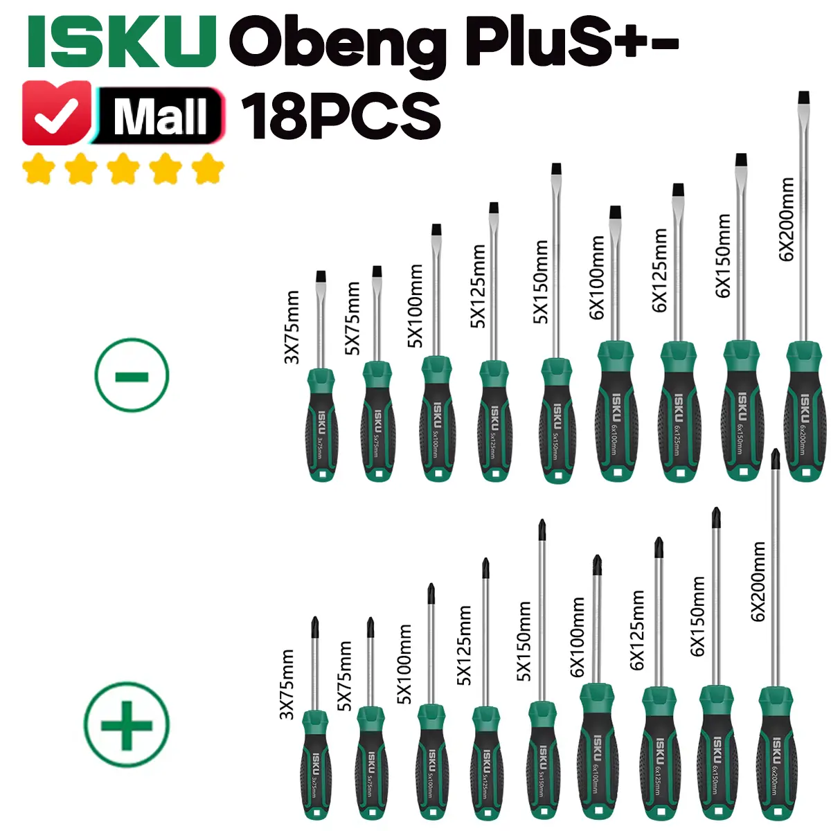 ISKU Obeng Set 18 Pcs Komplit Kembang Pipih CR-V Baja Ujung Magnet Kuat Anti Slek Torsi Badak Alat Buka Baut Macet Perkakas Bengkel Tukang Mekanik Motor Mobil Heavy Duty Screwdriver Set Obeng Plus Minus Panjang 200mm