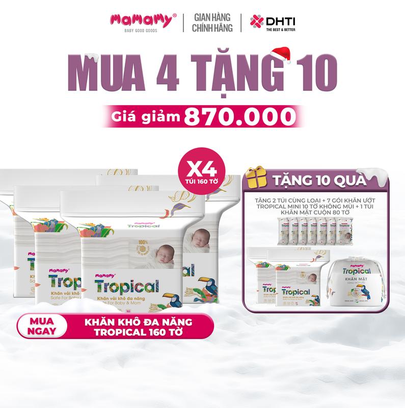 NKĐ MUA 4 TẶNG 10 MUA 4 túi khăn khô đa năng Mamamy Tropical 160 tờ TẶNG 2 túi cùng loại + 1 túi khăn mặt cuộn Tropical 80 tờ+ 7 gói khăn ướt Tropical mini 10 tờ không hương thơm