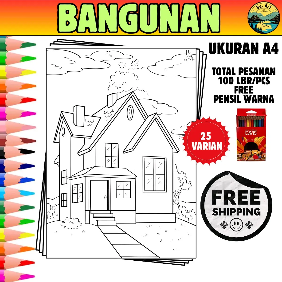 kertas gambar mewarnai anak A4 (BANGUNAN) Pendidikan Beraneka warna Belajar Perempuan Kotak Toys Mainan
