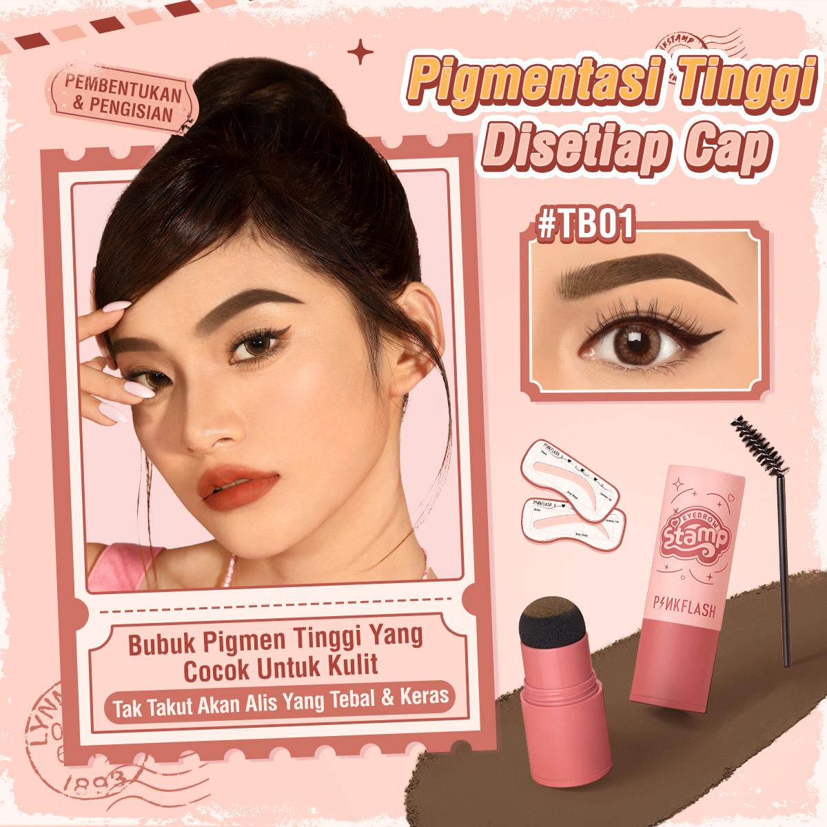 [Pinky] PINKFLASH Waterproof Eyebrow Powder Cushion Stamp with 10 Reusable Stencil Set 1-Step Shaping 4 Shades E19