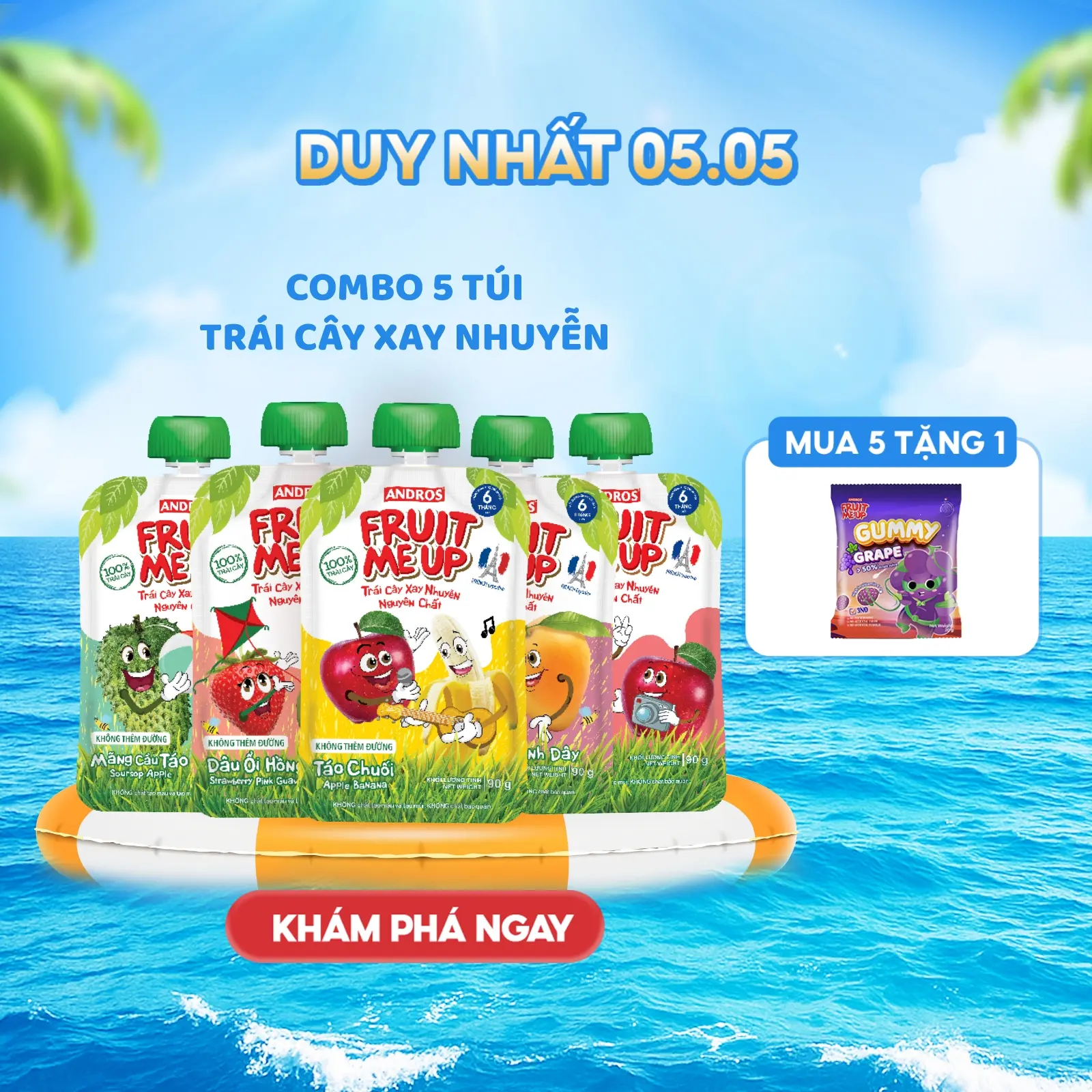 Combo 5 Túi Trái Cây Xay Nhuyễn - Bữa Phụ Trái Cây Xay Nhuyễn Mịn - ANDROS FRUIT ME UP - 90gx5