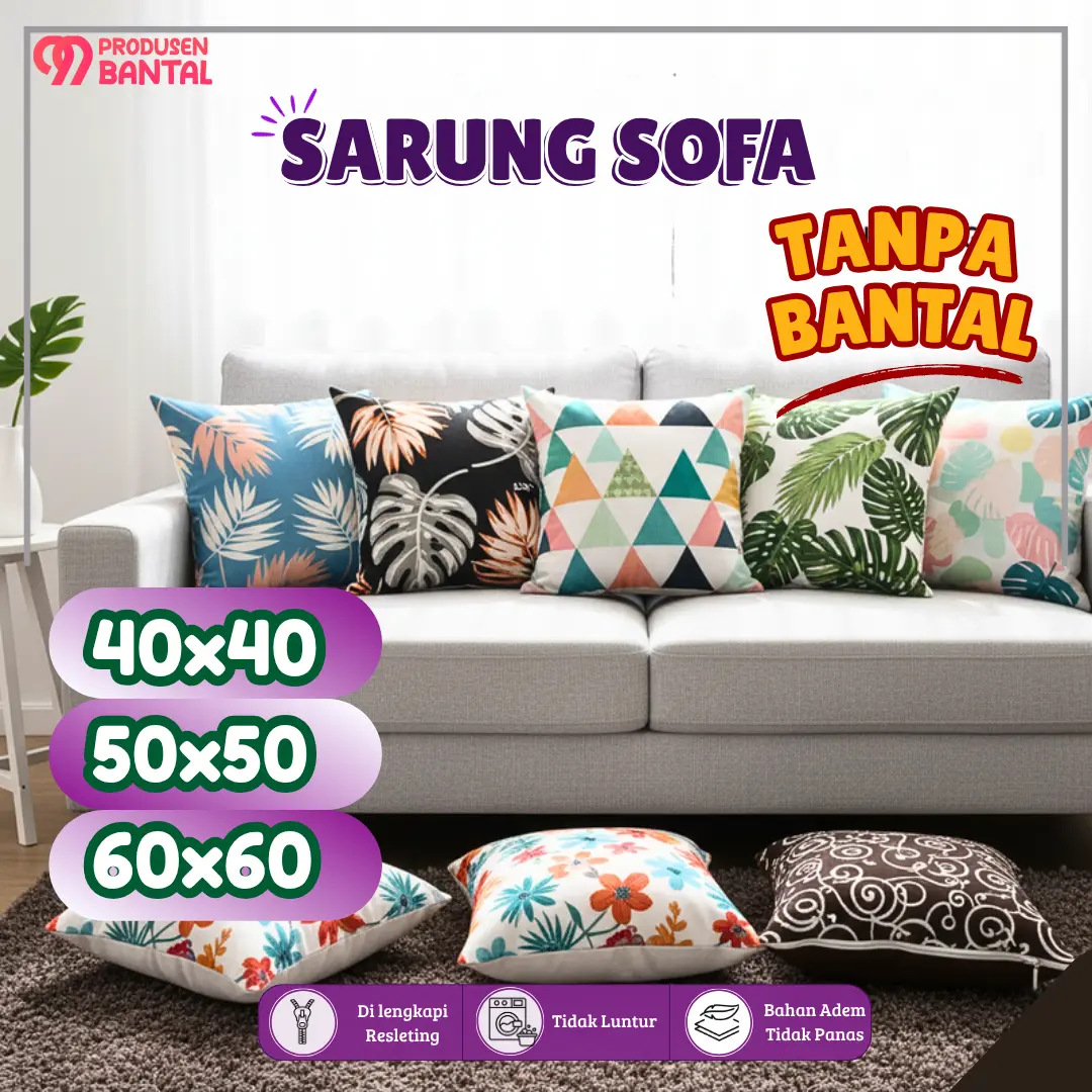 Sarung Bantal Sofa Motif Elegan 40x40 Bahan Polyester & Katun Lokal Adem Dengan Resleting Belakang