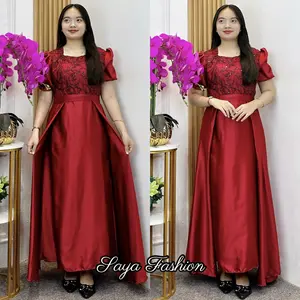 Longdress Satin Polos Kombinasi Tile Bordir Payet Gaun Maxi Wanita 20200 6