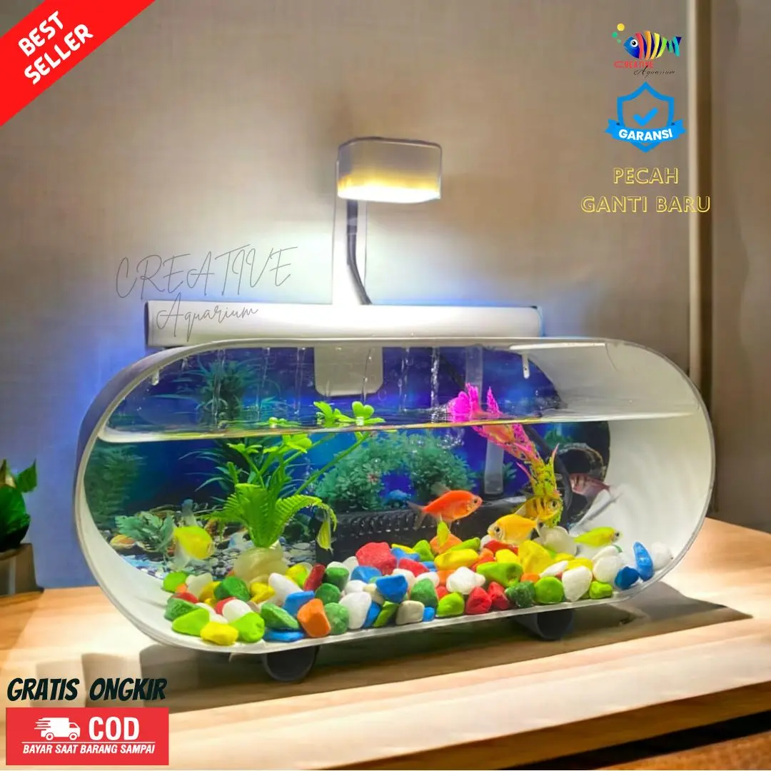 [COD] 1 Set Aquarium Mini /Akuarium akrilik Lengkap Dengan mesin Oxygn Filter air mancur Plus Batu bunga Hias lampu LED(B002)
