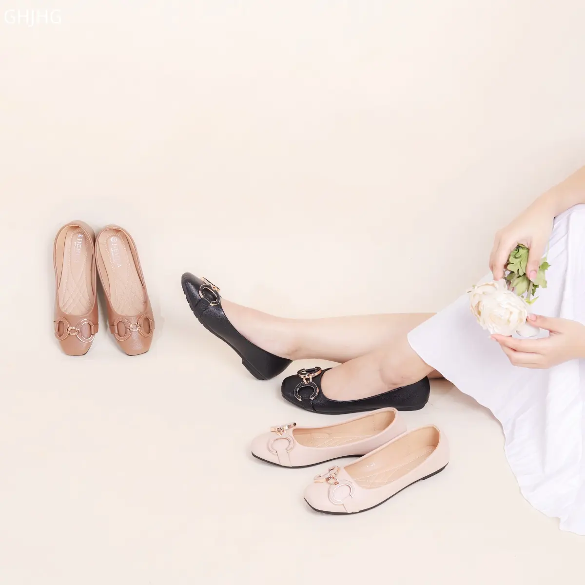 JIEHUA Bianca Sepatu rata kerja,  lebar,  wanita dengan selesai licin Flat Shoes BHL 2 Kasual