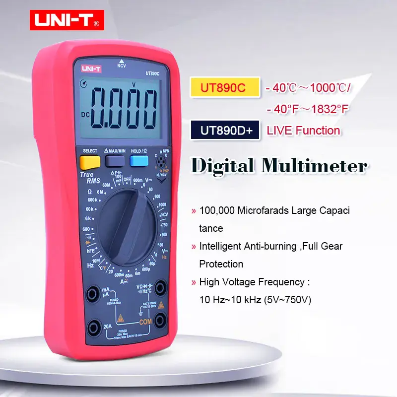 UNI T Digital Multimeter UT890C UT890D+ 6000 Counts Manual Frequency Temperature Voltage Ammeter AC DC DMM Capacitor Tester NCV