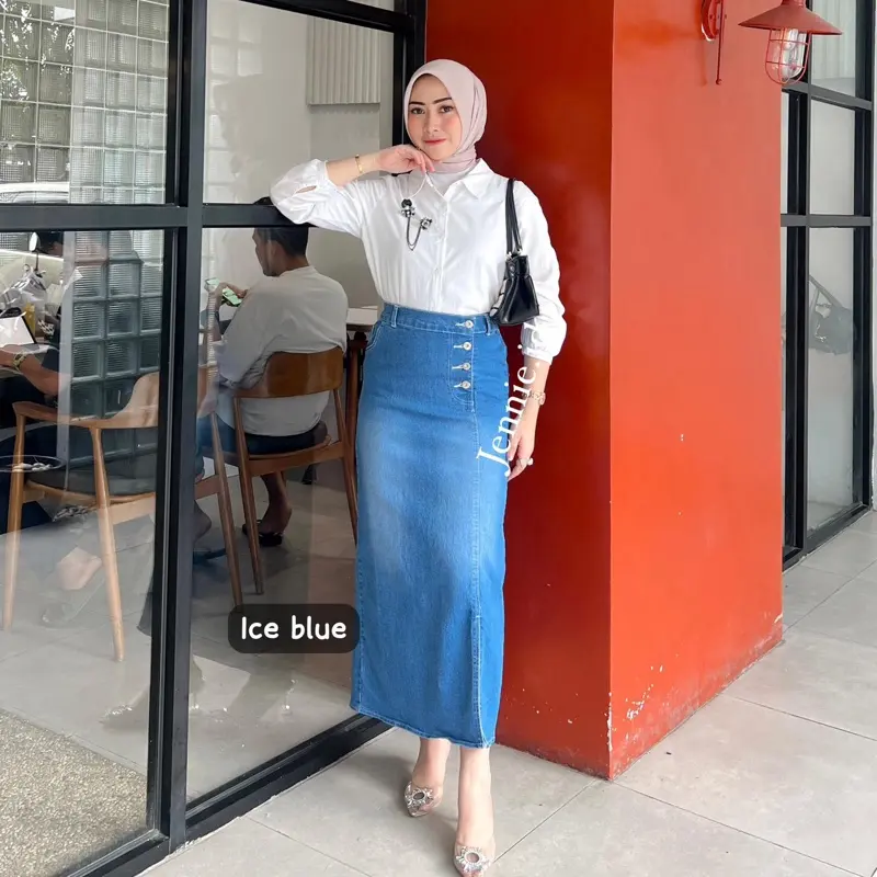 Kamila Rok Jeans kancing Belah Samping Style Denim Casual premium Panjang 3
