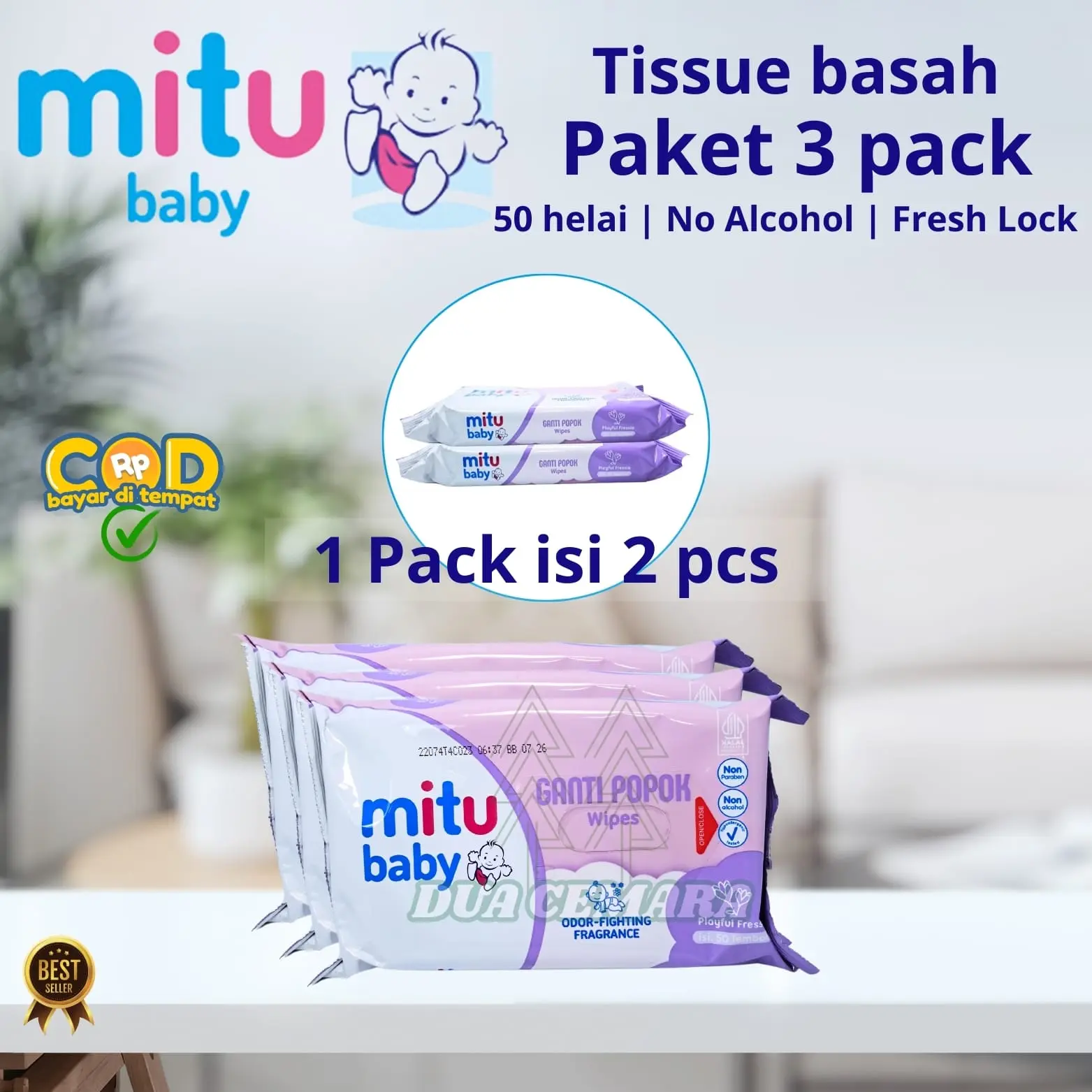 PAKET 3 pack isi 6 Tisu Mitu Baby 50 Sheets / Tisu Basah