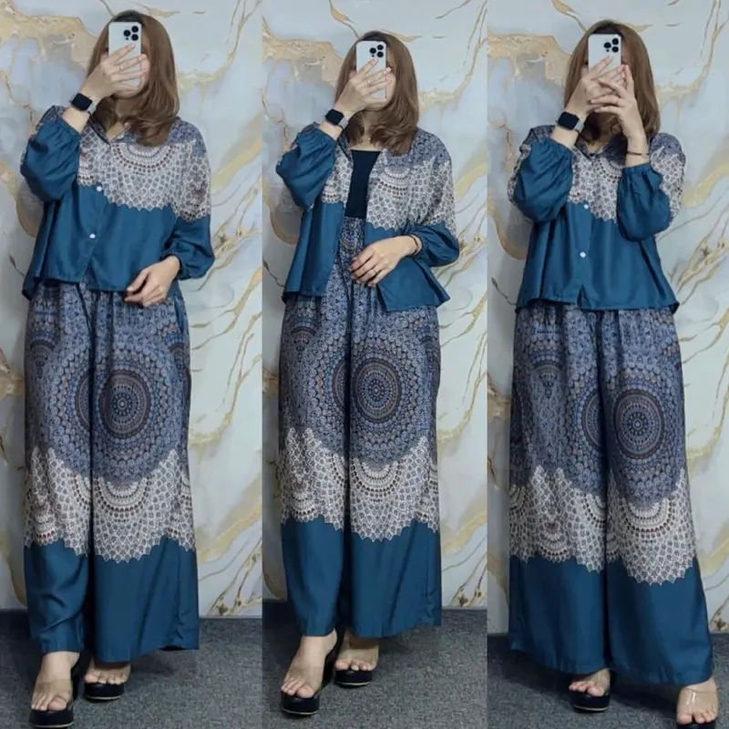 ONE SET CROP SETELAN CELANA KULOT WANITA HIGHTWAIST LENGAN 7/8 RAYON PREMIUM BUSUI FRIENDLY KANCING - SETELAN MOTIF CELANA KULOT BARU 7