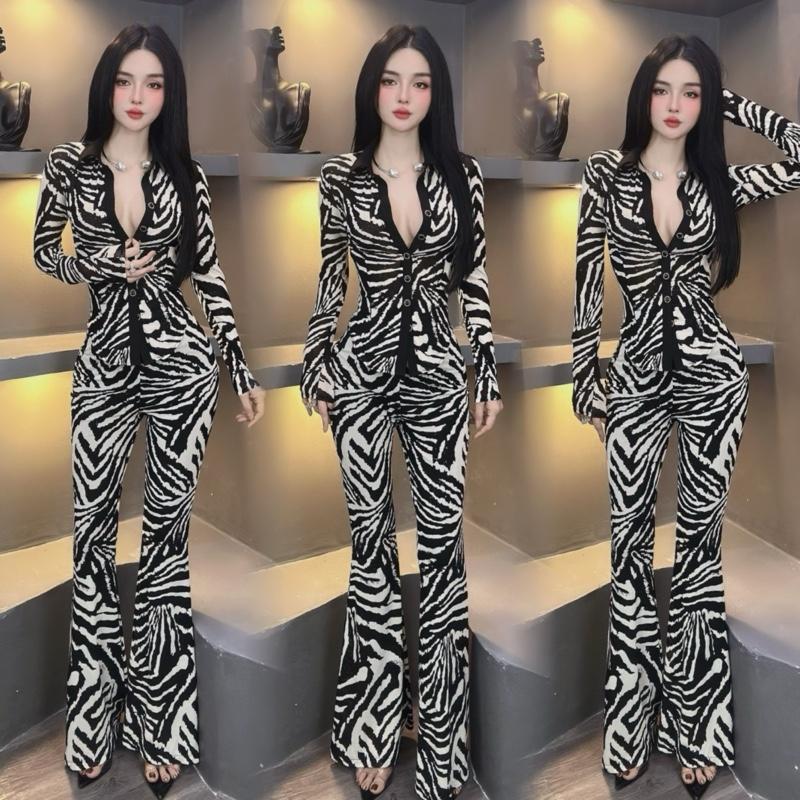  S565 - SET QUẦN LOE ÁO SƠ MI TAY DÀI ÔM DÁNG CHẤT THUN LƯỚI KIM TUYẾN 