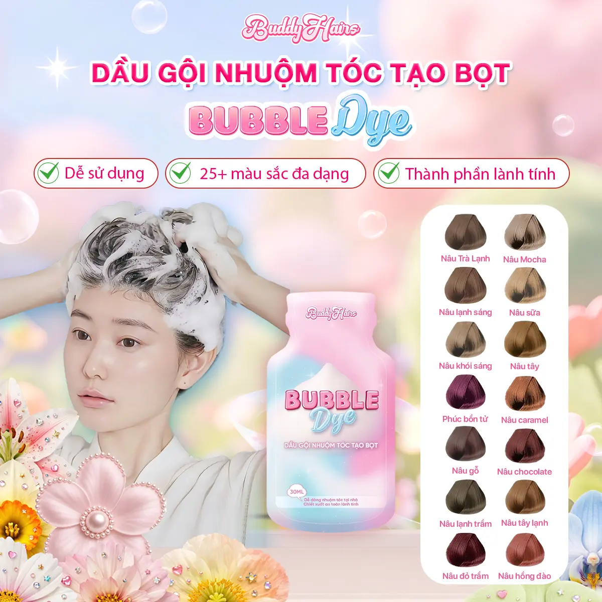Dầu gội nhuộm tóc tạo bọt, thuốc nhuộm tóc dạng bọt Bubble Dye 25+ màu nhuộm đa dạng chiết xuất lành tính | Thuốc nhuộm tóc BuddyHairs