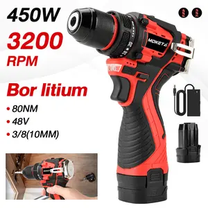 Bor Nirkabel Lithium-ion 450W Listrik Portabel Obeng dengan Chuck Logam 3/8 inci Kecepatan Dapat Diatur Saklar Mundur Lampu LED 48V 4800mAh Kualitas Tinggi Motor Tembaga 80 N.M