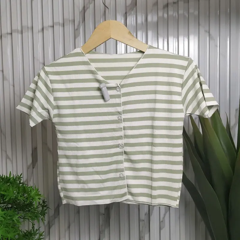 CROP TOP LENGAN PENDEK MOTIF GARIS GARIS KOREAN STYLE Wanita Atasan Baju Kaos Lembut Nyaman 5