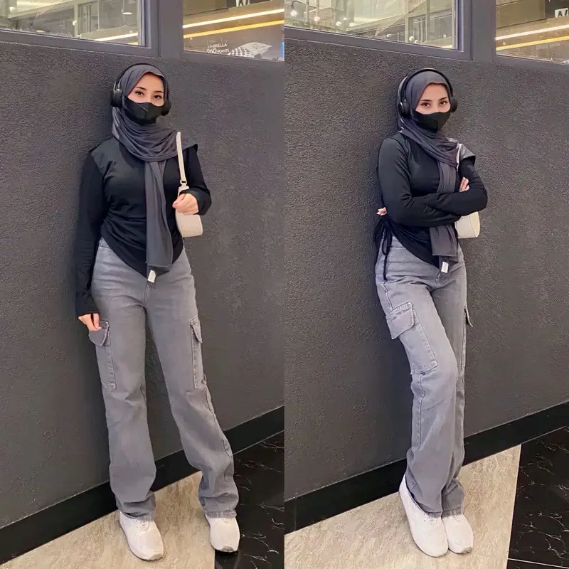 Highwaist Jeans Cargo Loose Hangover Celana Cargo Jeans Highwaist Terbaru Grey Panjang Korean regular kulot 2