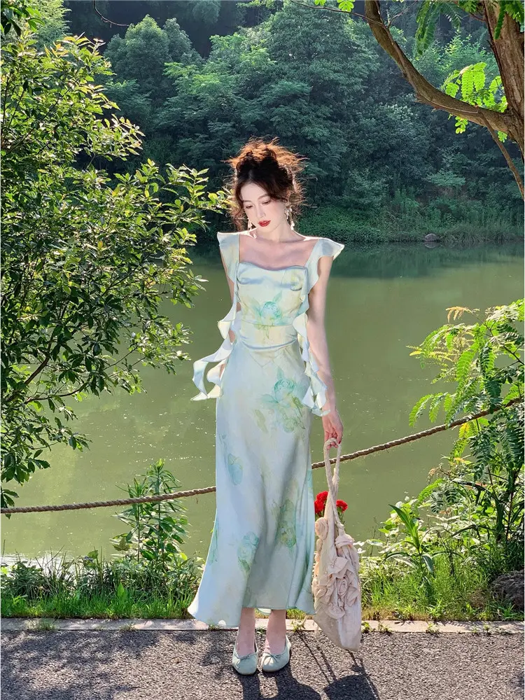 7872 Sage Green Floral Dress | Boho Square Neck Halter Flowy Dresses | Plus  Size Long Beach Dress | Elegant Summer Prom & Casual Dress for Women |  Fitted Sleeveless Comfort Womenswear - TikTok Shop Philippines