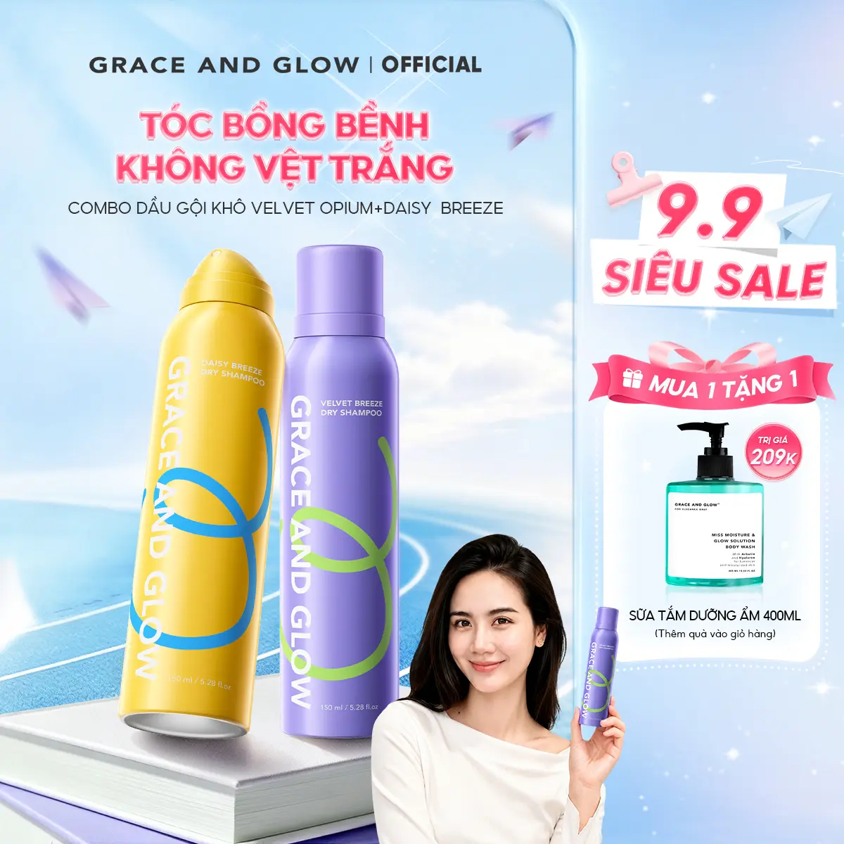 [Huyền Lizzie tin dùng] Dầu gội khô phồng tóc Grace and Glow Velvet Opium/Daisy Breeze 150ml kiềm dầu lâu bết giúp giải cứu tóc bết lưu