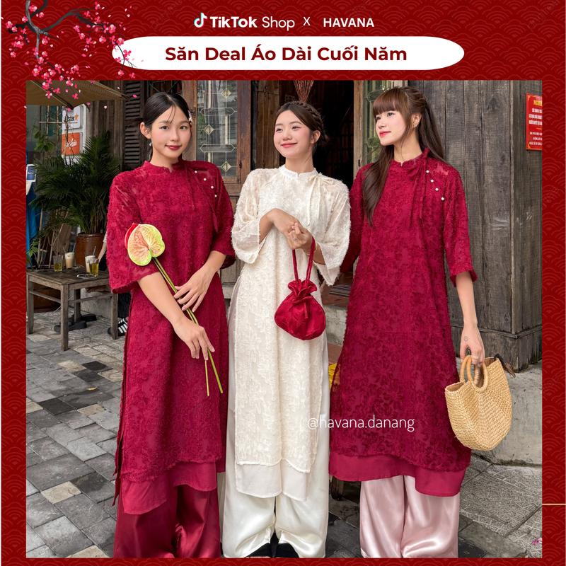 HAVANA CÓ BIGSIZE - Áo dài voan tơ khảm lông vũ YẾN PHƯỢNG phối buộc nơ cách điệu kèm quần AD89