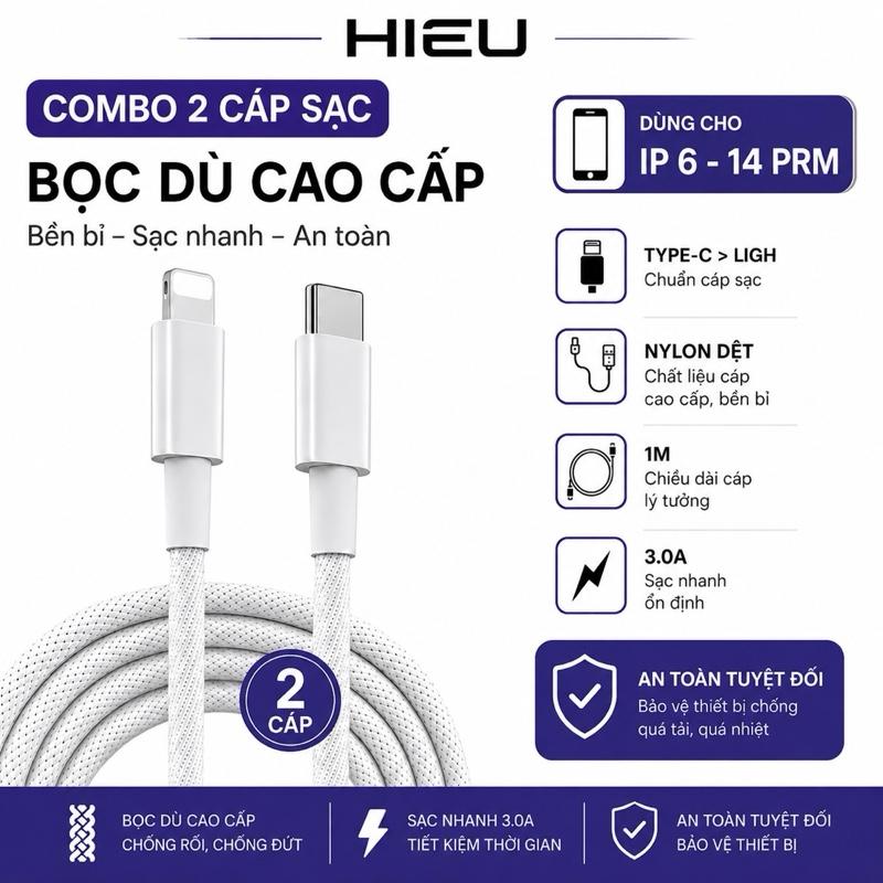 Cáp Sạc Nhanh Cho ip 6 - 14Prm 20W - Bọc Dù Cao Cấp Chống Đứt - Sạc Ổn Định An Toàn ( không dùng cho i15 - 17 ). Bảo Hành Lỗi Đổi Mới