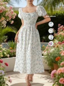 Vestido línea A con estampado floral menudo, volante y fruncido, con lazo al frente, estilo boho romántico con manga abullonada y escote cuadrado, ideal para vacaciones en la playa, invitada a boda o eventos de verano. Ropa de verano para damas