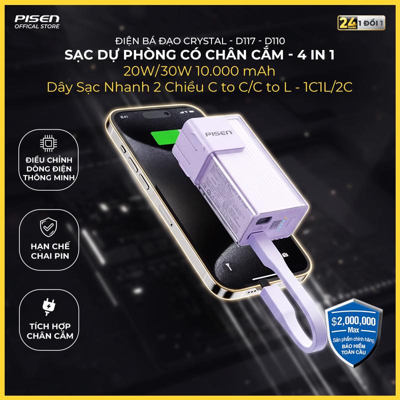 [PISEN] Sạc Dự Phòng Có Chân Cắm 4in1, Điện Bá Đạo Crystal 20W & 30W Thời Trang, Đẹp | Chuẩn CCC An Toàn | Sạc Nhanh, Nhỏ Gọn, Cáp Sạc 2 Chiều | Crystal High Power Box 10000mAh | TP-D117 TP-D110 | Bảo Hành 18 Tháng (PCARE + 6 Tháng) | Bảo Hiểm 2 Triệu Đô