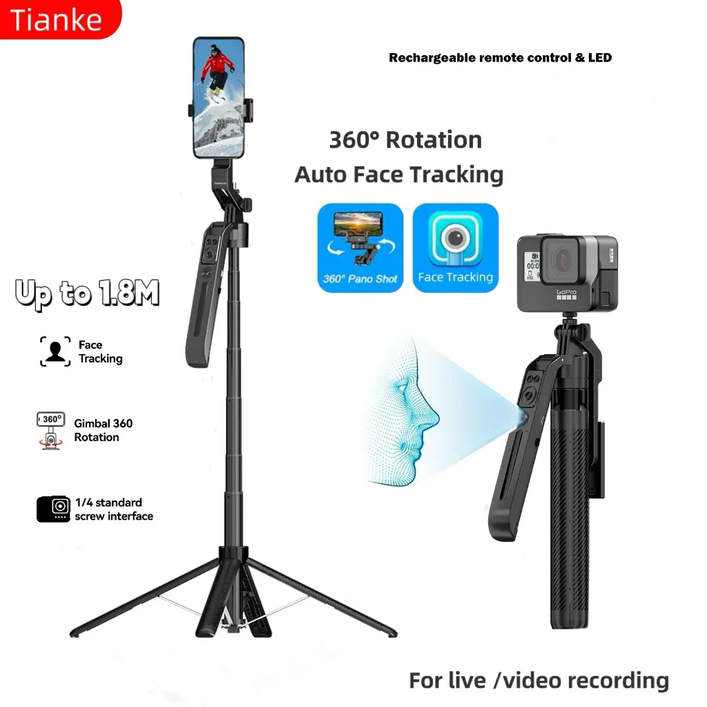 Tiankeplus Selfie Stick with Stabilizer Auto Face Tracking 360 Degree Detachable Phone Clip Wireless Selfie Stick Tripod Handheld Gimbal Stabilizer