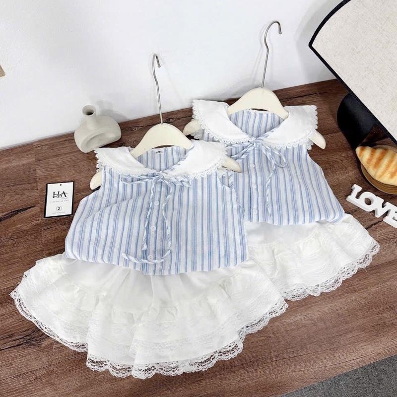  S25- Set áo đũi kẻ xanh cổ tròn cột nơ xinh kèm chân váy ren ba tầng  điệu xinh dành cho bé gái  8-30kg  