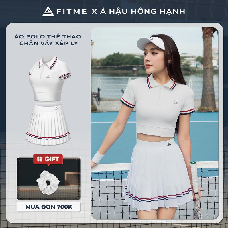 Bộ đồ Pickleball, cầu lông, tennis nữ Fitme EA áo Polo tôn dáng, chân váy xếp ly Trắng năng động có quần bảo hộ