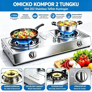 OMICKO Kompor Gas 2 Tungku KM-202 Bodi Stainless Steel, Burner Kuningan Api Biru Hemat Gas, Teflon Anti Lengket Tahan Lama, Sertifikat SNI Aman Dapur Rumah Siap Kirim BISA COD