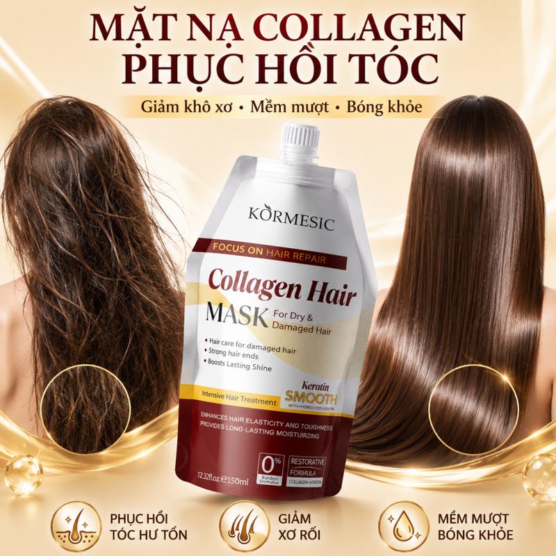 Mặt nạ tóc Collagen & Keratin 350ml, phục hồi tóc hư tổn, cải thiện tình trạng tóc khô xơ rối, giúp tóc mềm mượt óng ánh. Đóng gói dạng túi tiện lấy sử dụng, không bị ô nhiễm và không lãng phí. G33