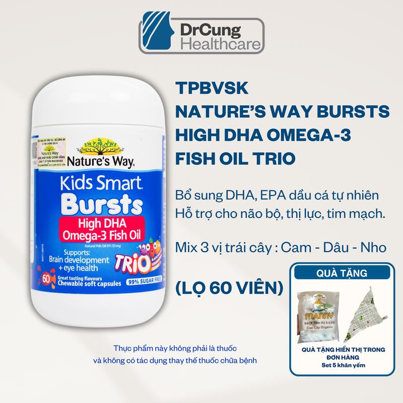 TPBVSK Nature's Way Kids Smart Bursts High DHA trio Dầu cá 3 màu Omega-3 Fish Oil Lọ 60 viên Bổ sung Omega 3 DHA cho trẻ TẶNG SET 5 KHĂN YẾM